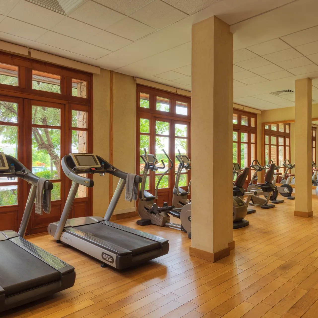 Gym with several treadmills and exercise bikes in front of large wooden windows