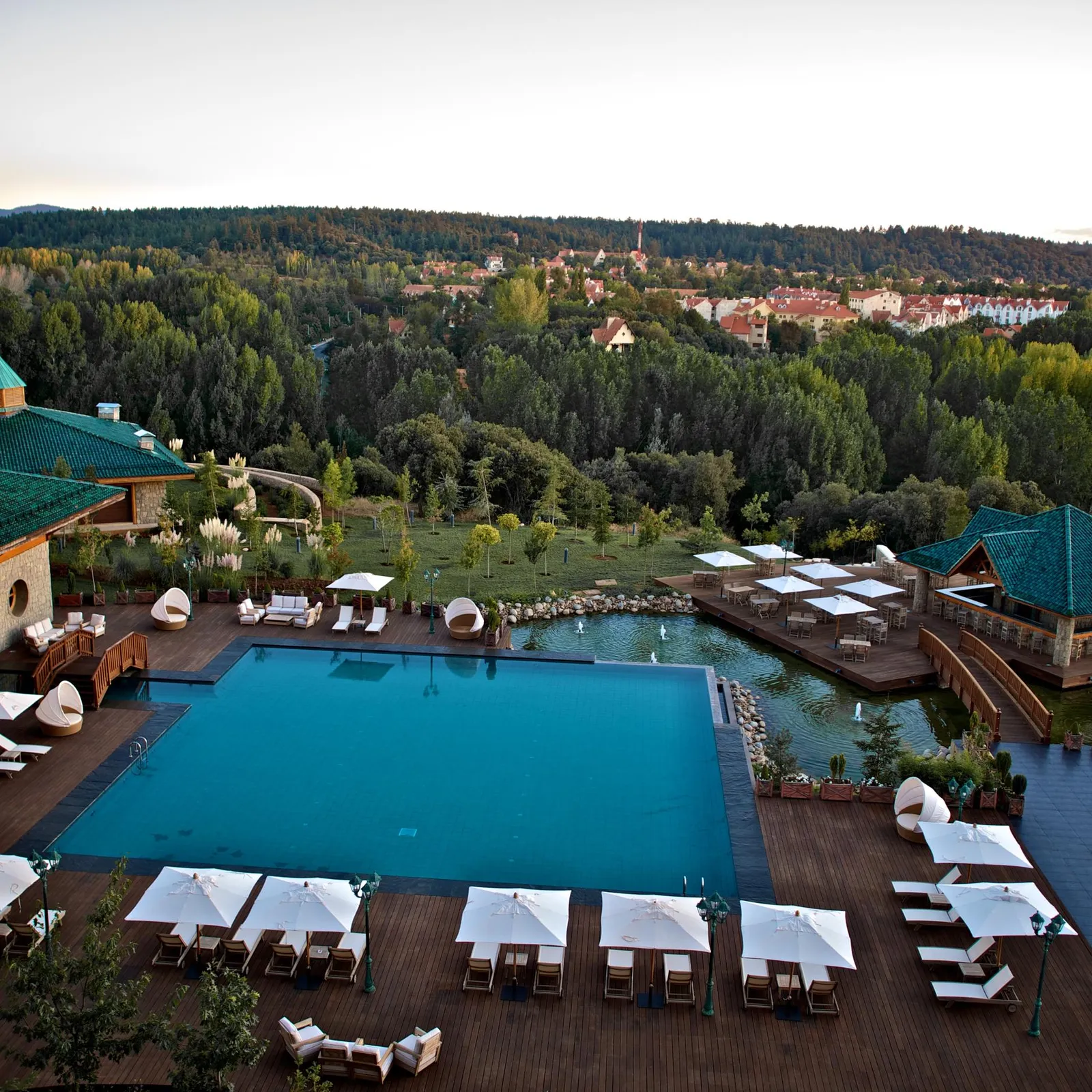 Aerial view of a swimming pool surrounded by sun loungers and umbrellas, with green-roofed buildings and a forest in the background.