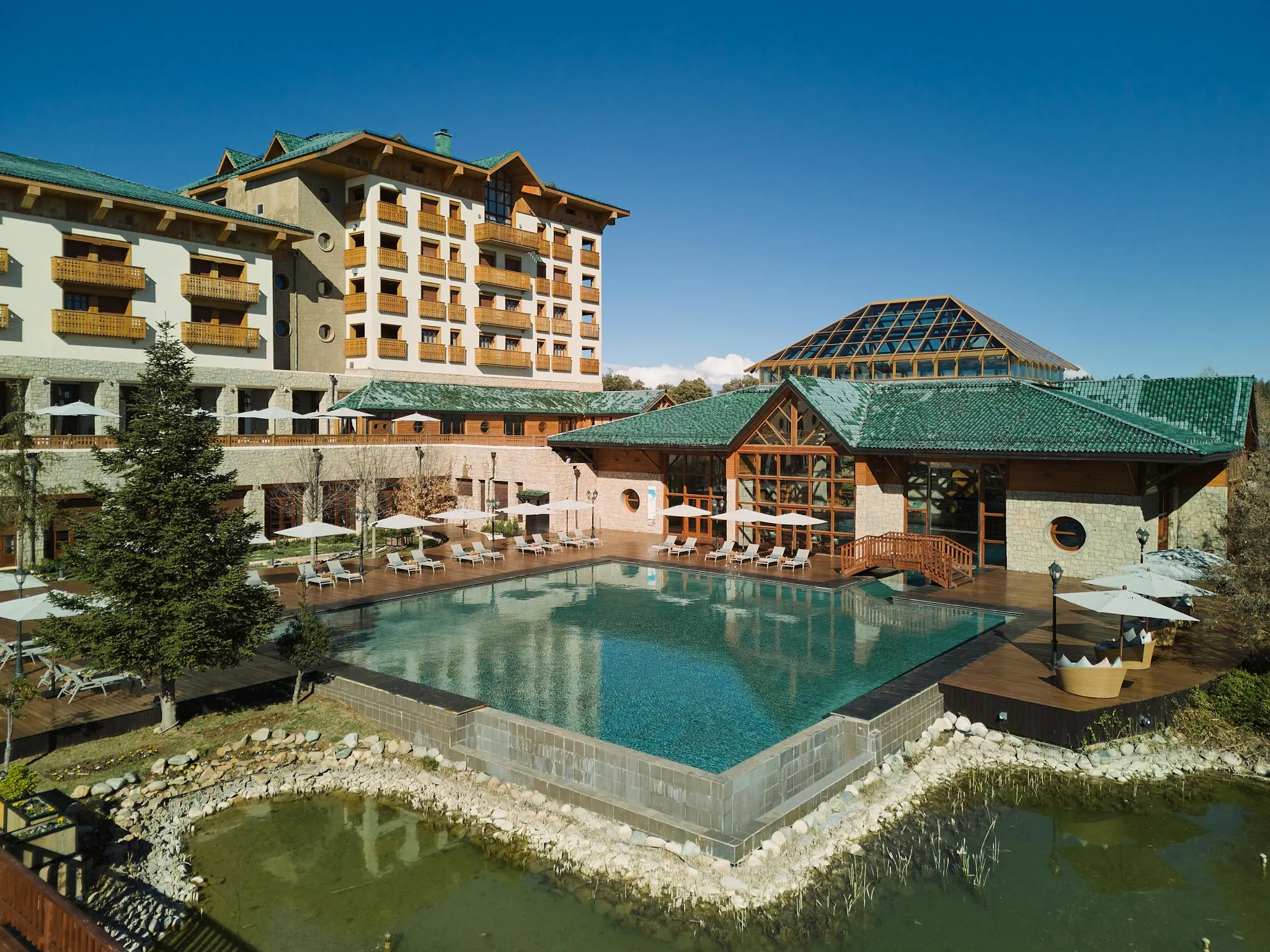 A hotel complex with an outdoor pool, sun loungers, and umbrellas, surrounded by trees and buildings with green roofs.